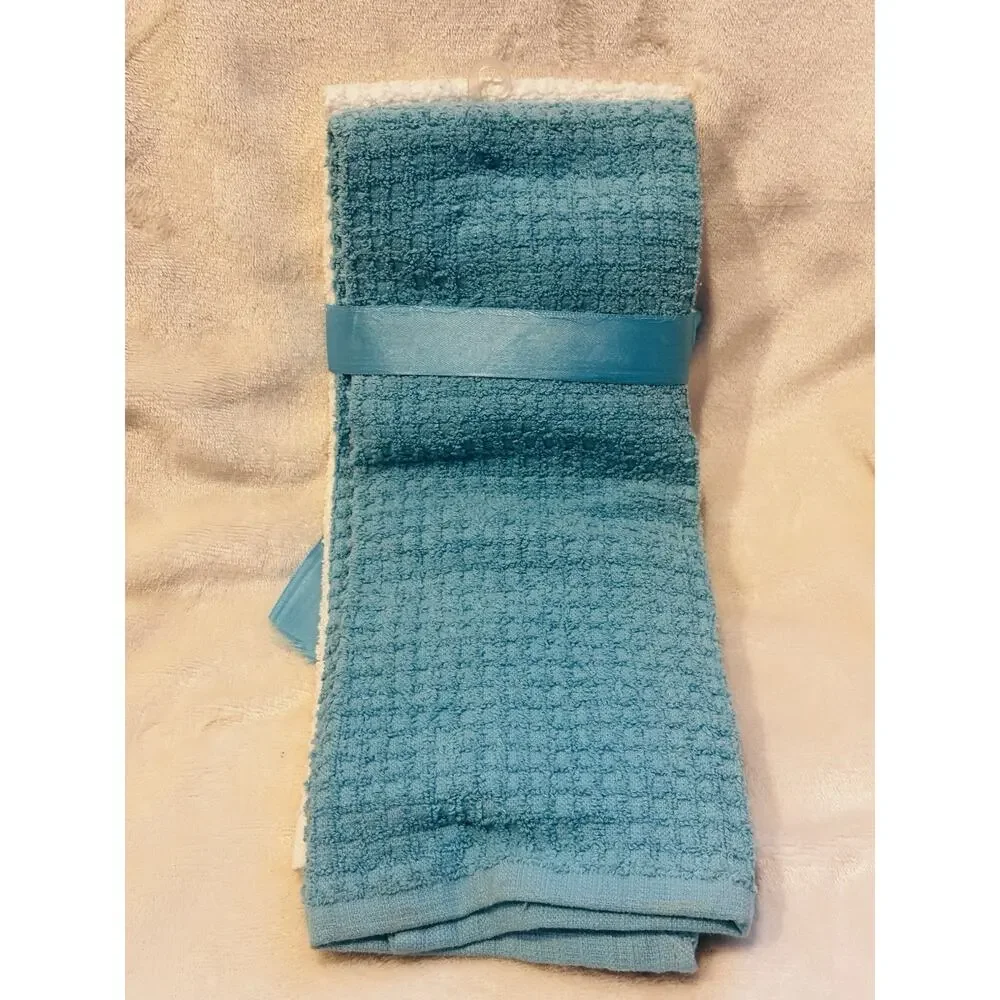 Nicole’s Kitchen Towels Waffle Texture Embroidered Lost At Sea Bottle White Blue